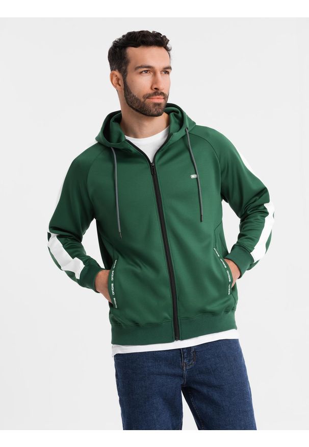 Ombre Clothing - Rozpinana męska bluza z kapturem i lampasami - ciemnozielona V7 - Rozmiar: M. Typ kołnierza: kaptur. Kolor: zielony. Materiał: guma, tkanina, dzianina, poliester, materiał. Wzór: gładki, aplikacja, nadruk. Styl: retro, sportowy