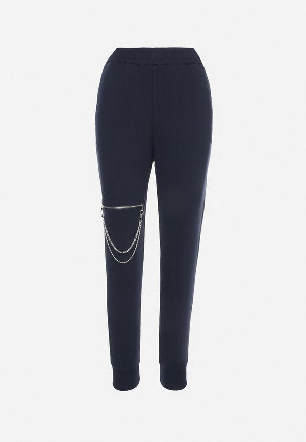 Born2be - Granatowe Spodnie Crowen. Okazja: na co dzień. Kolor: niebieski. Materiał: bawełna, materiał. Wzór: aplikacja. Styl: casual, klasyczny