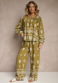 Renee - Ciemnozielony Komplet w Stylu Etno Spodnie z Gumką w Pasie i Bluzka Oversize Eviralyn. Kolor: zielony