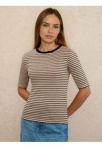 Sinsay - Bawełniana koszulka w paski - kremowy. Kolor: kremowy. Materiał: bawełna. Wzór: paski #1