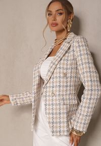 Renee - Beżowa Casualowa Tweedowa Marynarka z Wszytymi Poduszkami na Ramionach Jaanes. Okazja: na co dzień. Kolor: beżowy. Materiał: bawełna, jeans. Wzór: aplikacja. Styl: casual