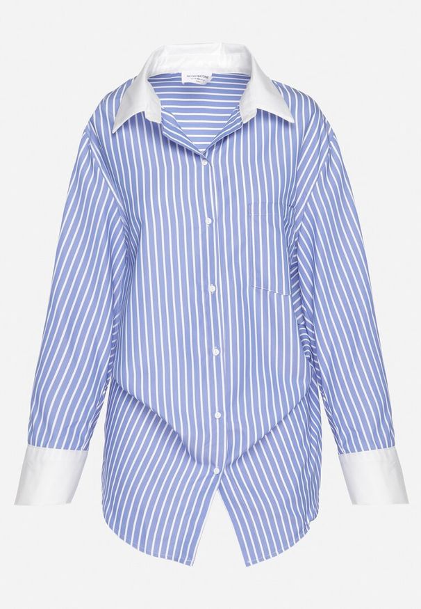 Born2be - Niebieska Koszula w Paski z Kontrastowymi Mankietami i Kołnierzykiem Zarona. Okazja: na co dzień. Typ kołnierza: kołnierzyk klasyczny. Kolor: niebieski. Materiał: jeans. Wzór: paski. Styl: klasyczny, elegancki, casual