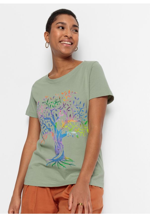 bonprix - T-shirt z nadrukiem, bawełna organiczna. Kolor: zielony. Materiał: bawełna. Wzór: nadruk