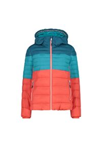 Damska kurtka z kapturem CMP. Typ kołnierza: kaptur. Kolor: czerwony, pomarańczowy, wielokolorowy. Materiał: puch. Sport: turystyka piesza #1