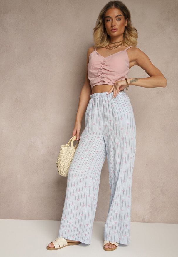 Renee - Niebieskie Bawełniane Spodnie Szerokie High Waist w Paski i Kokardy Reivira. Okazja: do pracy, na co dzień. Stan: podwyższony. Kolor: niebieski. Materiał: bawełna. Wzór: paski. Sezon: lato. Styl: casual, elegancki