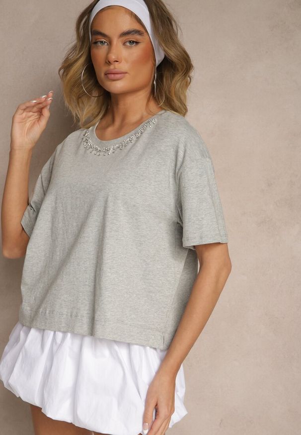 Renee - Szary T-shirt z Bawełny z Cyrkoniami Fadeola. Okazja: na co dzień. Kolor: szary. Materiał: bawełna. Styl: klasyczny, elegancki, casual