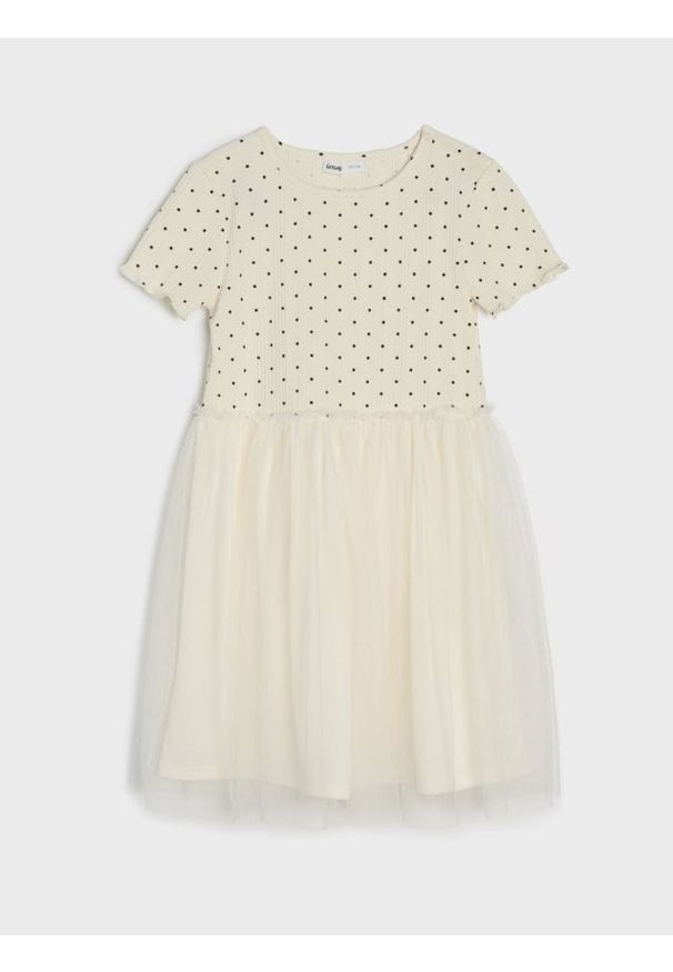 Sinsay - Bawełniana sukienka z tiulowym dołem - kremowy. Kolor: kremowy. Materiał: bawełna, tiul