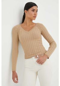 Guess sweter damski kolor beżowy lekki. Kolor: beżowy. Materiał: materiał, dzianina, wiskoza. Wzór: ze splotem #1