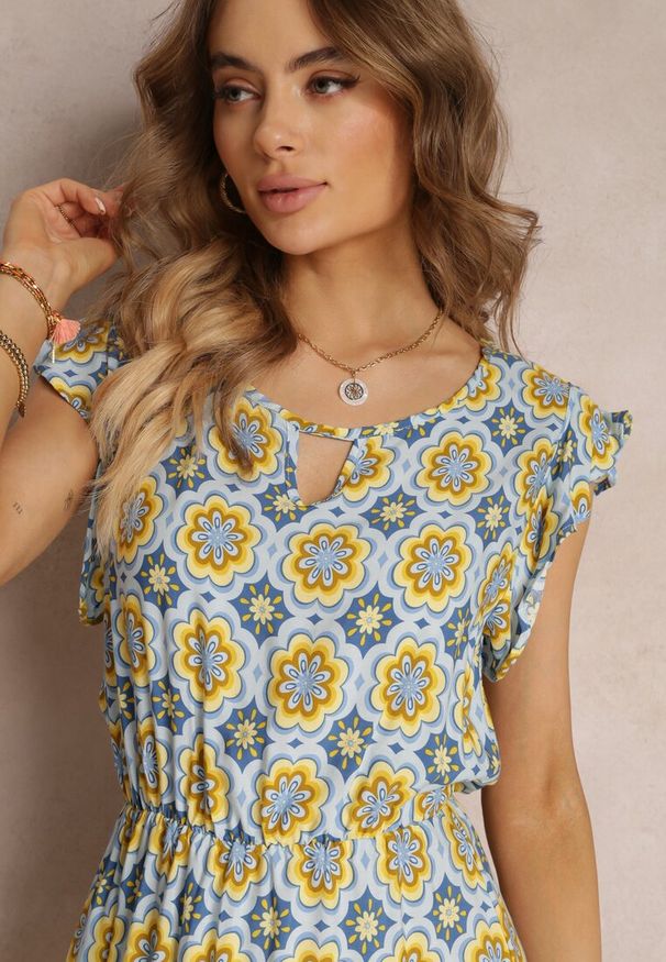 Renee - Niebiesko-Żółta Bawełniana Sukienka Mini w Mozaikowy Wzór z Gumką w Talii Fiyona. Kolor: niebieski. Materiał: bawełna. Długość: mini