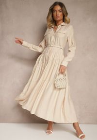 Renee - Beżowa Rozkloszowana Sukienka z Wiskozy z Guzikami i Paskiem Ronesa. Okazja: na co dzień. Kolor: beżowy. Materiał: wiskoza. Typ sukienki: proste. Styl: elegancki, casual #3