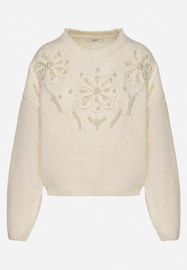 Born2be - Beżowy Sweter o Prostym Kroju z Ozdobną Aplikacją w Kształcie Kwiatów z Perełkami Heditana. Okazja: na spotkanie biznesowe, do pracy, na co dzień. Kolor: beżowy. Materiał: jeans. Długość rękawa: długi rękaw. Długość: długie. Wzór: aplikacja, kwiaty. Styl: klasyczny, biznesowy, casual