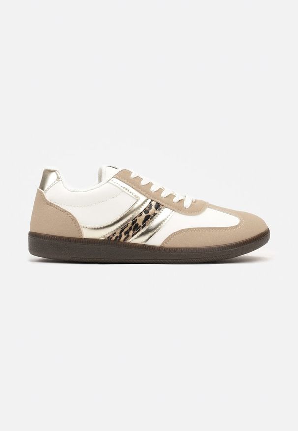 Born2be - Ciemnobeżowe Stylowe Sneakersy na Płaskiej Podeszwie z Geometrycznymi Przeszyciami Rialine. Okazja: na spotkanie biznesowe, do pracy. Kolor: beżowy. Materiał: jeans. Wzór: geometria. Obcas: na płaskiej podeszwie