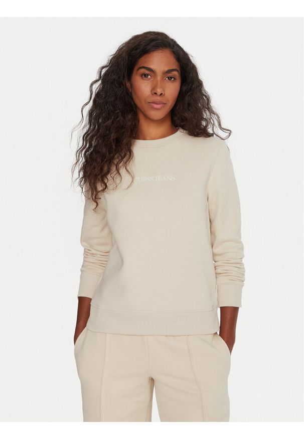Guess Jeans Bluza W4YQ10 KC811 Beżowy Regular Fit. Kolor: beżowy. Materiał: bawełna