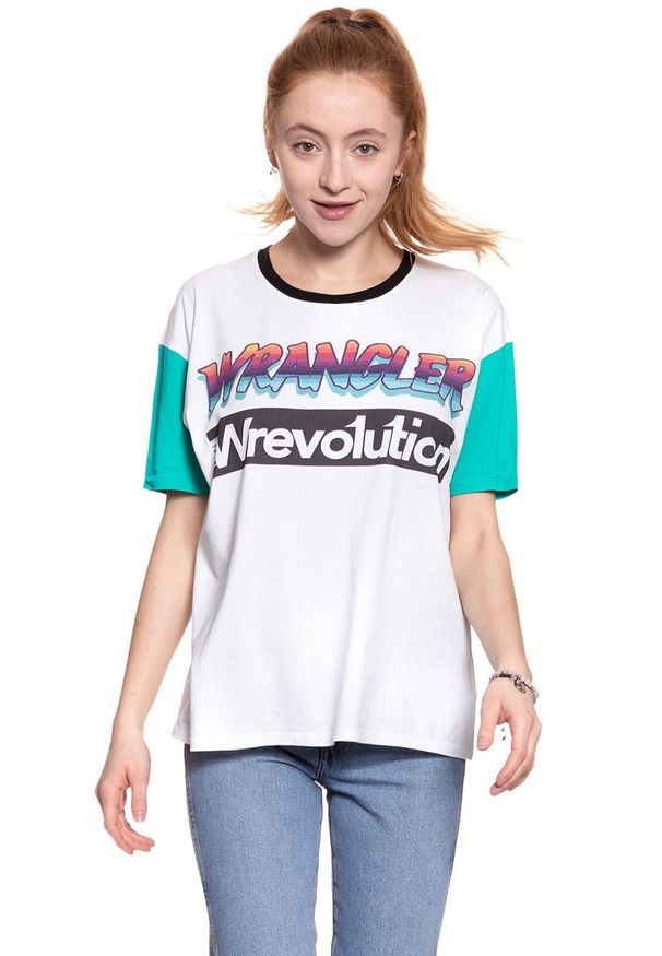 Wrangler - WRANGLER T SHIRT DAMSKI WREVOLUTION TEE WHITE W7386GH12 112131059. Wzór: nadruk