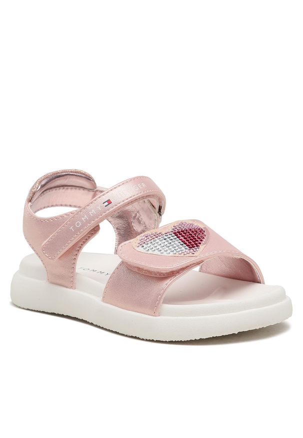 TOMMY HILFIGER - Sandały Tommy Hilfiger Strass Heart Velcro Sandal T1A2-32752-1367 S Rose Gold 341. Kolor: różowy. Materiał: skóra