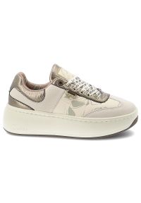 Sneakersy damskie Anekke, cholewka ze skóry naturalnej sznurowane na solidnej podeszwie, beżowe, 42370-491. Okazja: na co dzień. Zapięcie: sznurówki. Kolor: beżowy. Materiał: skóra. Szerokość cholewki: normalna. Wzór: nadruk #7