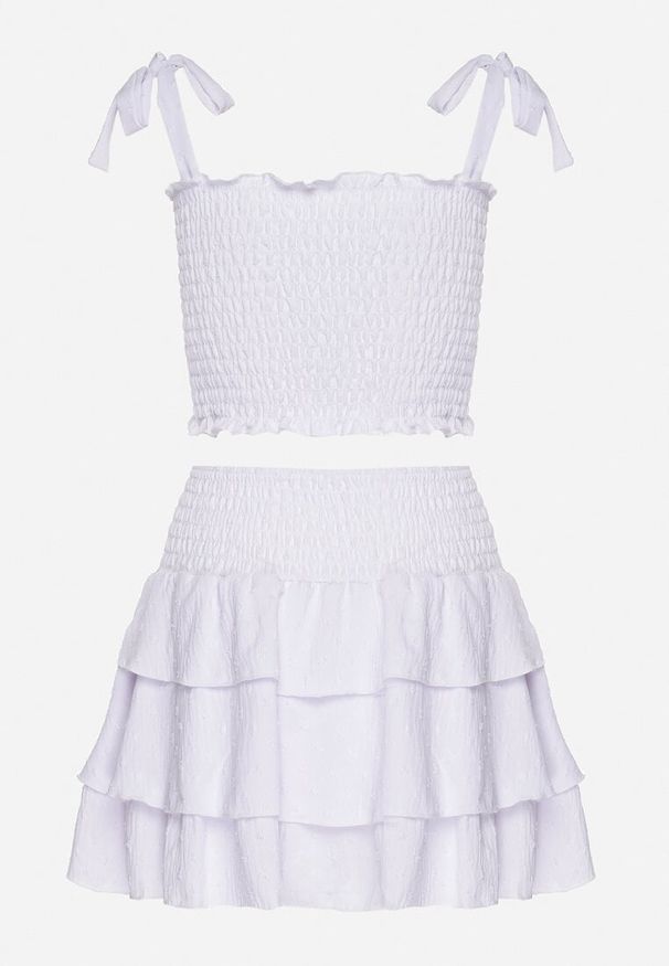Born2be - Biały Komplet Elastyczny Top z Wiązanymi Ramiączkami i Rozkloszowana Spódnica Evialia. Kolor: biały