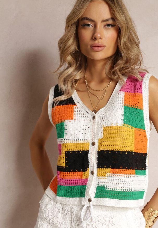 Renee - Biało-Żółty Top z Bawełnianej Dzierganej Tkaniny Zapinany na Guziki Kawayne. Kolor: biały. Materiał: bawełna, tkanina, dziergany. Styl: boho