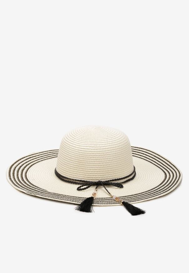 Renee - Jasnobeżowy Kapelusz z Chwostami i Koralikami z Szerokim Rondem Vadala. Kolor: beżowy. Materiał: len, materiał. Sezon: lato. Styl: boho, elegancki