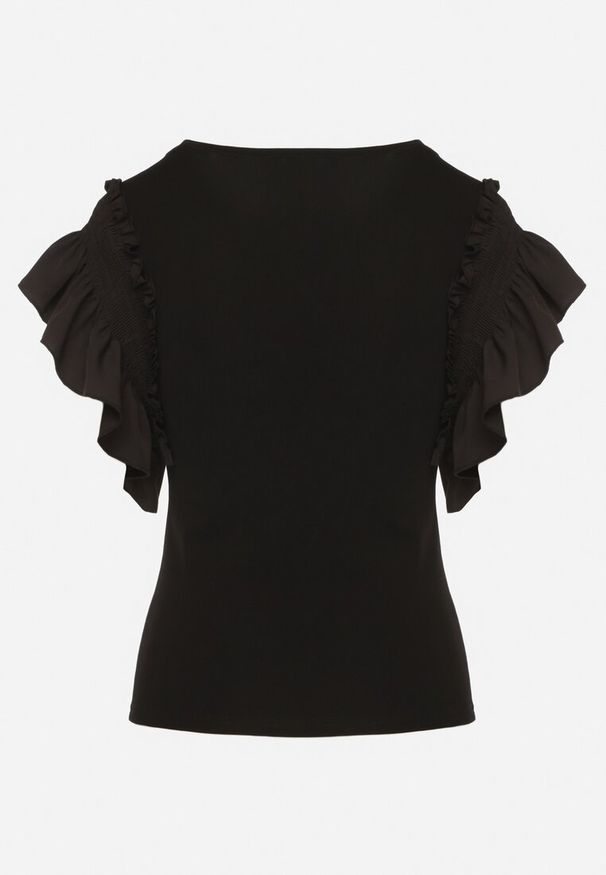 Born2be - Czarna Bluzka Ferda. Typ kołnierza: kołnierz z falbankami. Kolor: czarny. Materiał: bawełna, dzianina. Długość rękawa: krótki rękaw. Długość: krótkie. Wzór: gładki. Styl: elegancki