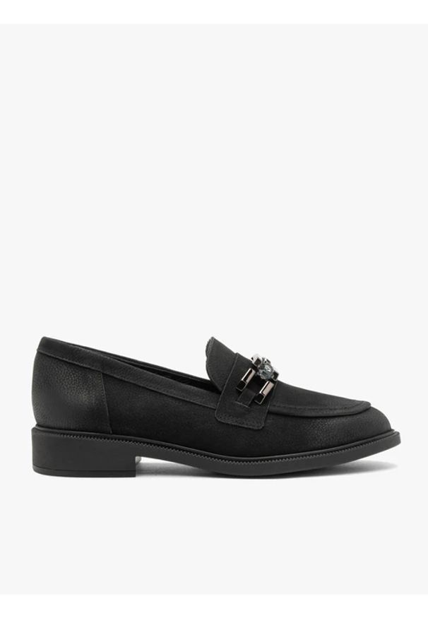 Ryłko - Czarne eleganckie mokasyny z łańcuchem. Okazja: na co dzień. Kolor: czarny. Materiał: nubuk. Obcas: na obcasie. Styl: elegancki