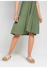 bonprix - Sukienka z dżerseju z czystej bawełny. Typ kołnierza: dekolt w serek. Kolor: zielony. Materiał: jersey, bawełna. Wzór: gładki. Długość: midi #2