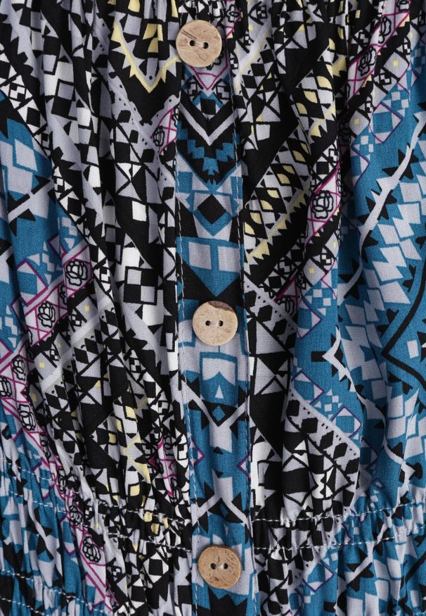 Born2be - Zielono-Niebieska Bawełniana Sukienka Hiszpanka w Etno Wzór z Gumką w Pasie Kinetha. Typ kołnierza: dekolt hiszpanka. Kolor: zielony. Materiał: bawełna. Styl: etno