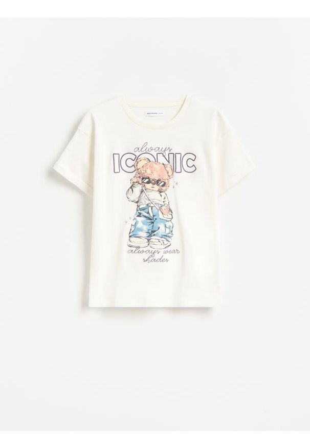 Reserved - Bawełniany t-shirt z nadrukiem - złamana biel. Materiał: bawełna. Wzór: nadruk