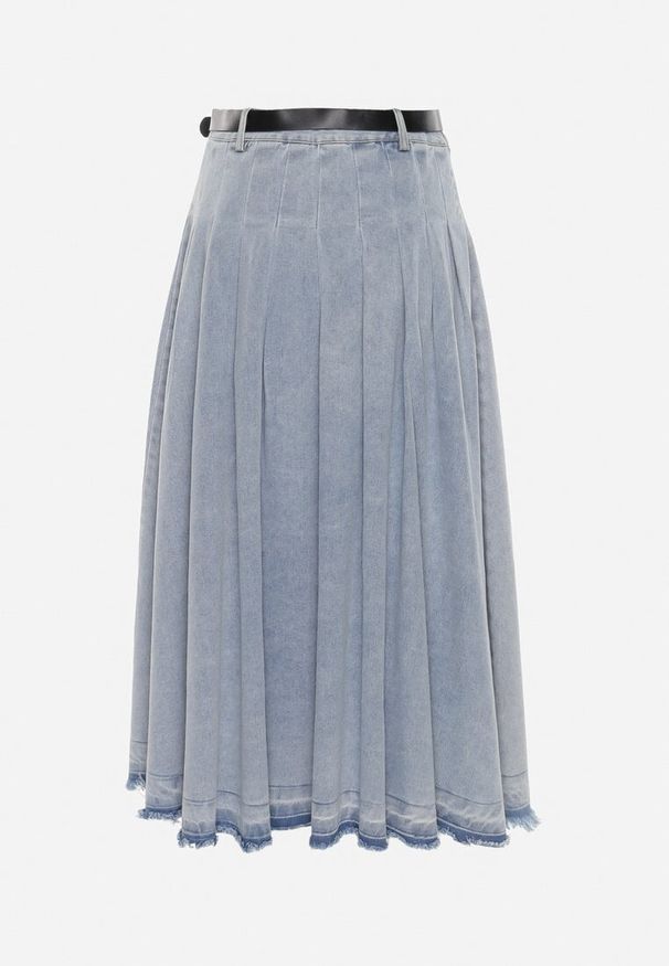 Born2be - Jasnoniebieska Spódnica Jeansowa Rozkloszowana z Paskiem z Ekoskóry Nalier. Okazja: na co dzień. Kolor: niebieski. Materiał: jeans. Styl: elegancki, casual
