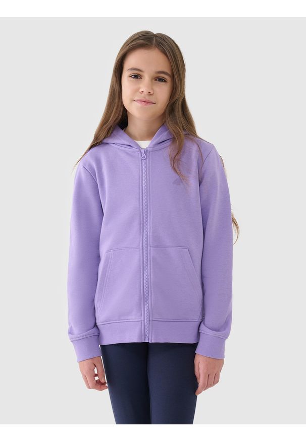 4f - 4F Bluza dresowa rozpinana z kapturem dziewczęca - fioletowa 146 (10-11 lat). Okazja: na co dzień. Typ kołnierza: kaptur. Kolor: fioletowy. Materiał: dresówka. Wzór: ze splotem, gładki. Sezon: lato. Styl: casual, sportowy