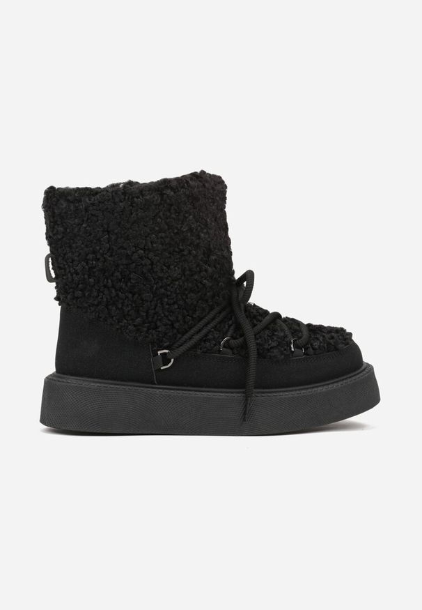 Born2be - Czarne Śniegowce Ozdobione Futerkiem w Stylu Baranka Allero. Okazja: na co dzień. Kolor: czarny. Materiał: futro. Wzór: aplikacja. Styl: casual, klasyczny