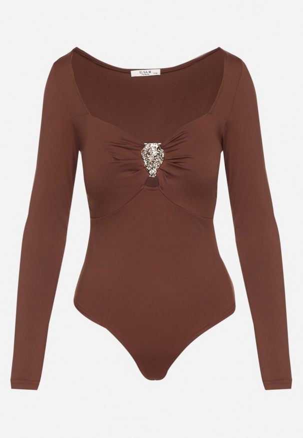 Born2be - Brązowe Body Ozdobione Metaliczną Aplikacją Furriva. Okazja: na imprezę, na co dzień. Kolor: brązowy. Wzór: aplikacja. Styl: casual, klasyczny, elegancki, glamour