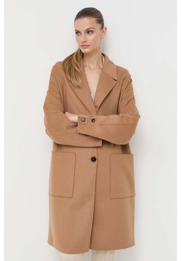 BOSS płaszcz wełniany kolor beżowy przejściowy oversize. Kolor: beżowy. Materiał: wełna