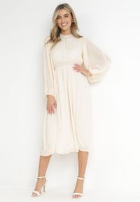 Born2be - Beżowa Elegancka Sukienka Midi z Gumkami w Pasie i Ażurowymi Wstawkami Rouxia. Kolor: beżowy. Wzór: ażurowy. Styl: elegancki. Długość: midi