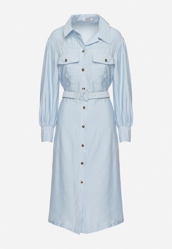 Born2be - Niebieska Wiskozowa Sukienka o Koszulowym Kroju z Paskiem z Klamrą i Kieszeniami Lisavianna. Okazja: na co dzień, na spotkanie biznesowe, do pracy. Kolor: niebieski. Materiał: wiskoza. Długość rękawa: długi rękaw. Typ sukienki: koszulowe. Styl: biznesowy, casual, elegancki, klasyczny