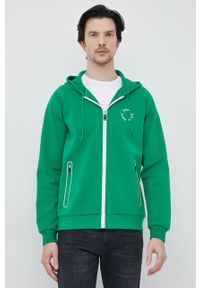 BOSS bluza BOSS GREEN męska kolor zielony z kapturem z nadrukiem. Typ kołnierza: kaptur. Kolor: zielony. Materiał: poliester. Długość rękawa: raglanowy rękaw. Wzór: nadruk #1