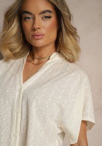 Renee - Ciemnobeżowa Koszula z Bawełny Ozdobiona Haftem Teladwenna. Okazja: na co dzień. Kolor: beżowy. Materiał: bawełna. Długość rękawa: krótki rękaw. Długość: krótkie. Wzór: aplikacja, haft. Styl: klasyczny, casual