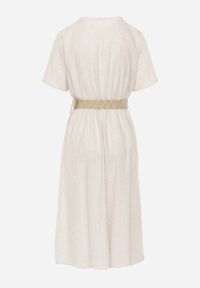 Renee - Beżowa Koszulowa Sukienka Midi z Bawełny z Gumką w Talii i Plecionym Paskiem Emera. Kolor: beżowy. Materiał: bawełna. Typ sukienki: koszulowe. Długość: midi #4