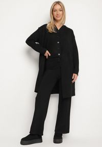 Born2be - Czarny Dzianinowy Komplet z Wełną Kamizelka Długi Kardigan i Spodnie Otizela. Kolekcja: plus size. Kolor: czarny. Materiał: dzianina, wełna