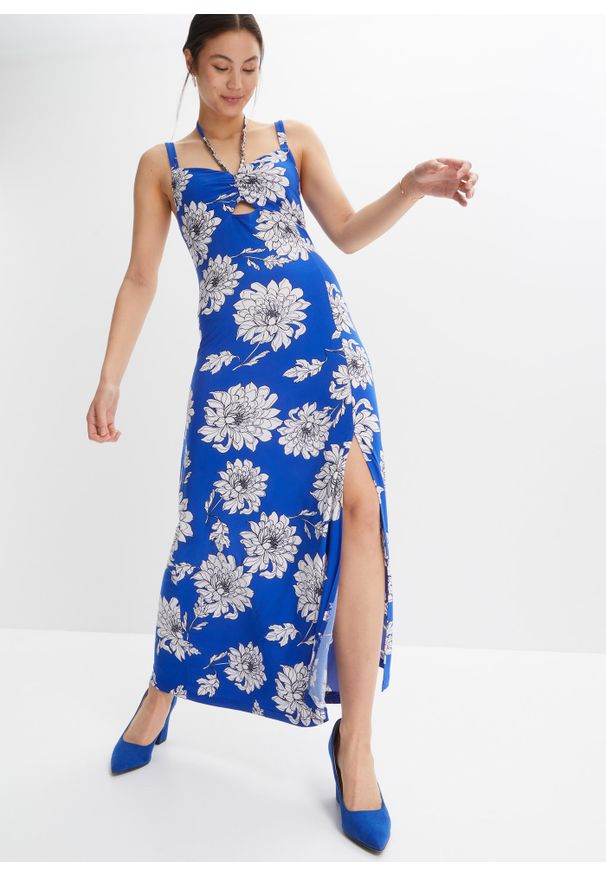 bonprix - Sukienka z wycięciem. Kolor: niebieski. Wzór: kwiaty. Sezon: lato