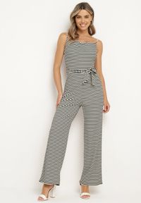 Born2be - Czarno-Biały Kombinezon na Ozdobnych Ramiączkach z Gumką w Pasie i Materiałowym Paskiem Cinna. Kolor: czarny. Materiał: materiał. Długość rękawa: na ramiączkach. Styl: klasyczny #1