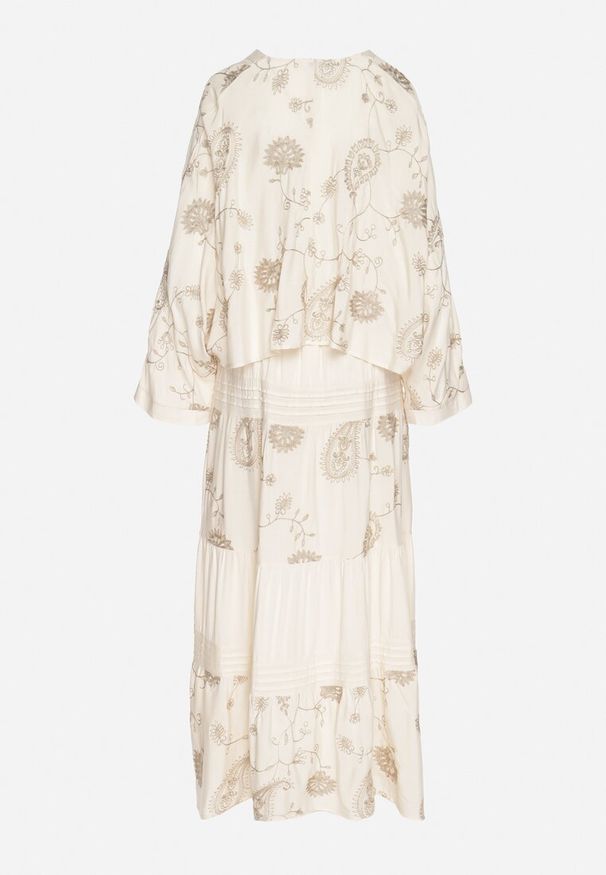 Born2be - Beżowy Komplet z Wiskozy w Stylu Boho Koszula Nietoperz i Spódnica Sepalisse. Kolor: beżowy. Materiał: wiskoza