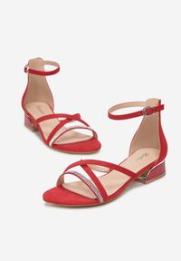 Born2be - Czerwone Sandały Orope. Nosek buta: otwarty. Zapięcie: pasek. Kolor: czerwony. Materiał: jeans. Wzór: aplikacja, paski. Obcas: na obcasie. Wysokość obcasa: średni #5