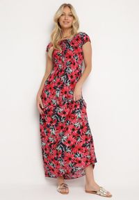 Born2be - Granatowo-Czerwona Wiskozowa Sukienka Hiszpanka w Kwiaty o Rozkloszowanym Kroju Uasteria. Okazja: na imprezę, na randkę, na co dzień. Typ kołnierza: dekolt hiszpanka. Kolor: niebieski. Materiał: wiskoza. Wzór: kwiaty. Sezon: lato. Typ sukienki: rozkloszowane. Styl: casual #1