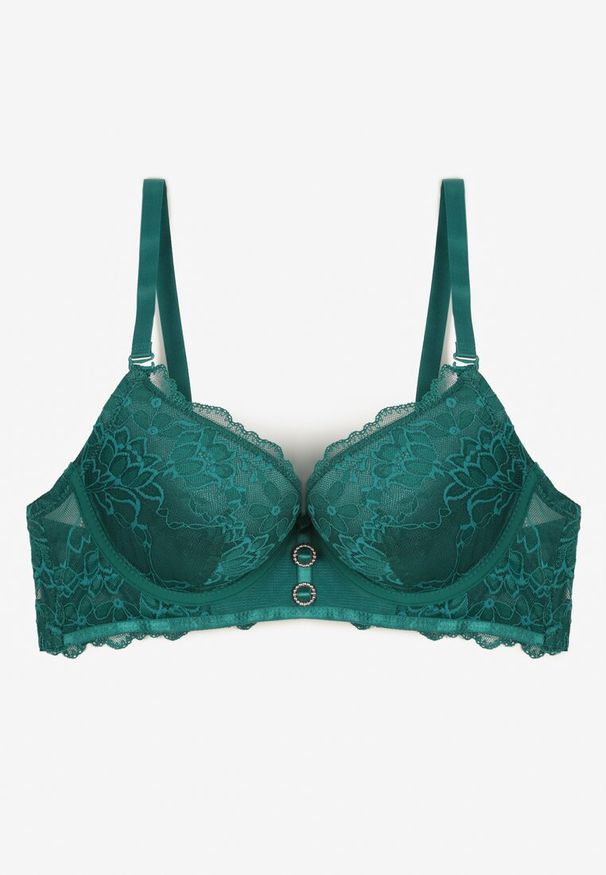 Renee - Zielony Biustonosz Push Up Ozdobiony Koronką Temirenna. Kolor: zielony. Materiał: koronka. Rodzaj stanika: push-up. Wzór: aplikacja, koronka