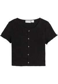bonprix - Shirt dziewczęcy w prążek, z bawełny organicznej. Kolor: czarny. Materiał: bawełna. Wzór: prążki #1