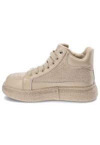 GOE - Beżowe Sneakersy Goe Stylowe Błyszczące Obuwie Damskie. Zapięcie: sznurówki. Kolor: beżowy. Materiał: materiał. Wzór: aplikacja #4