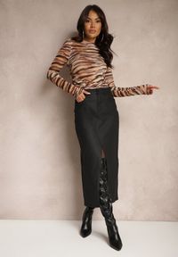 Renee - Czarna Midi Spódnica High Waist z Guzikiem i Kieszeniami oraz Suwakiem Navitta. Stan: podwyższony. Kolor: czarny. Materiał: materiał. Wzór: jednolity, gładki