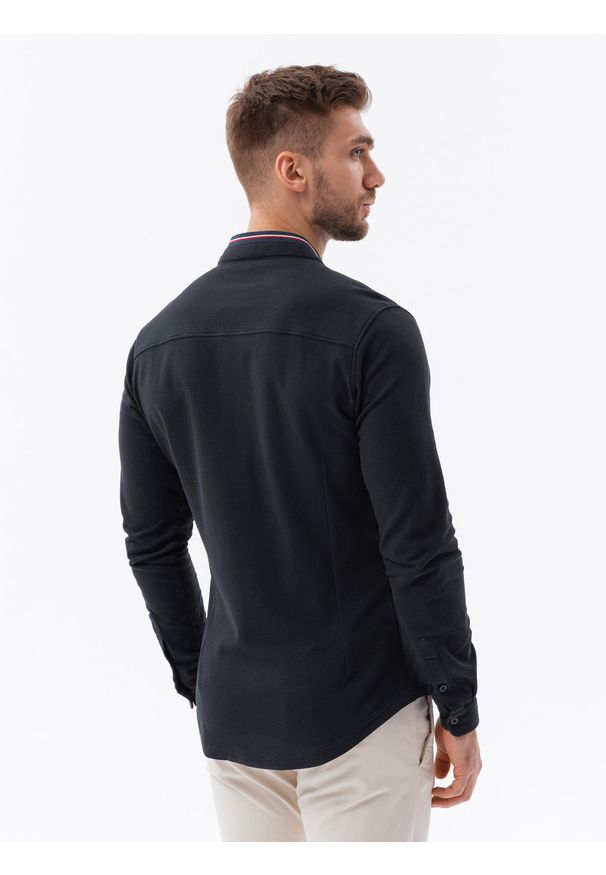 Ombre Clothing - Bawełniana koszula męska SLIM FIT ze stójką w kolorowe paski – czarna V4 OM-SHCS-0178 - XXL. Okazja: na co dzień. Typ kołnierza: kołnierzyk stójkowy. Kolor: czarny. Materiał: bawełna. Długość: długie. Wzór: paski, kolorowy. Styl: casual