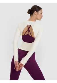 4f - 4F Longsleeve do jogi i pilatesu z wycięciem na plecach damski - biały XS/S. Kolor: biały. Materiał: materiał, prążkowany, skóra, syntetyk, włókno, dzianina. Długość rękawa: długi rękaw. Długość: długie. Wzór: prążki. Sport: joga i pilates #1